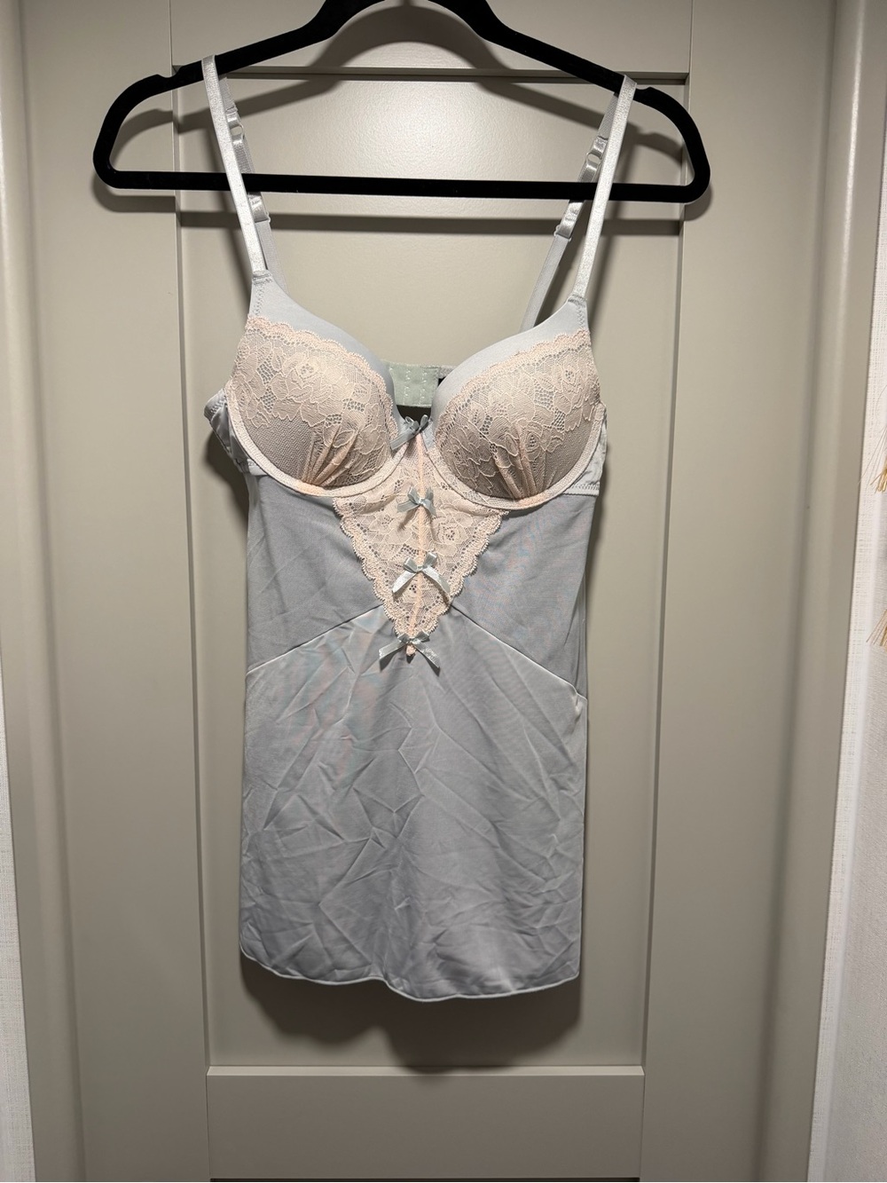 Light Blue Chemise Slip with Cream Lace Trim - Women's Intimates